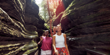 Friends Group Walk Through Witches Gulch In Wisconsin Dells