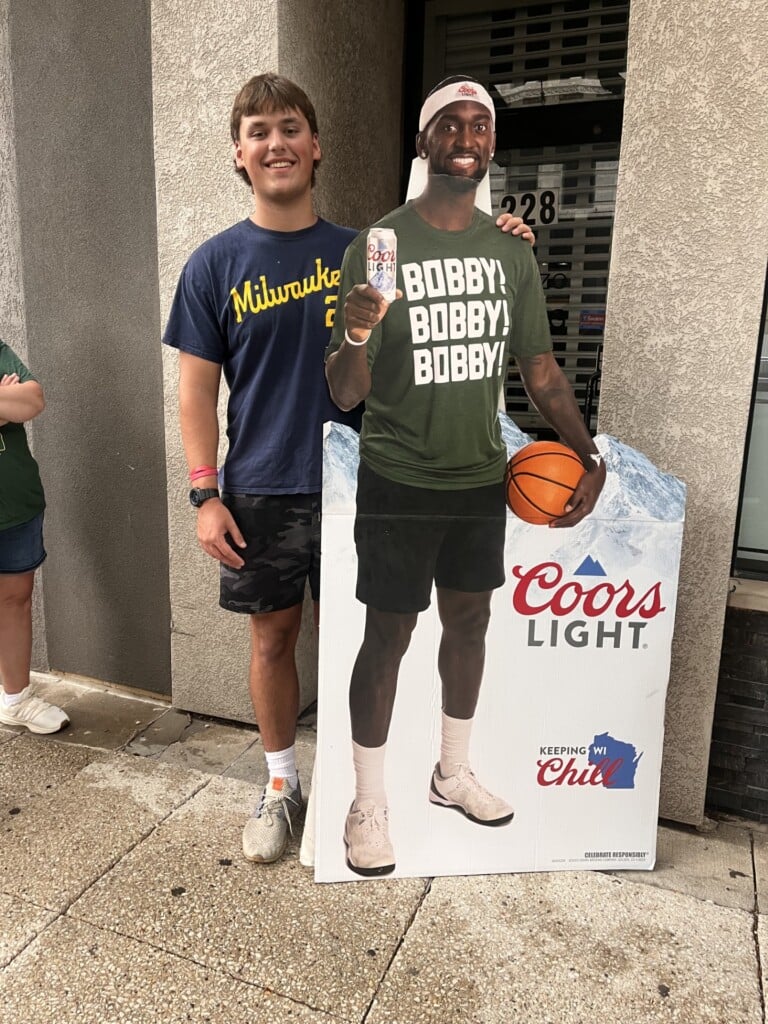 Lucian Meyer with a life-size Bobby Portis Jr. cut out.