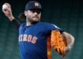 FILE - Lance McCullers Jr. of the Houston Astros throws to live batters before a baseball game against the Cleveland Guardians, June 19, 2026, in Houston. (AP Photo/Kevin M. Cox, File)