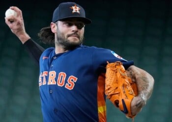 FILE - Lance McCullers Jr. of the Houston Astros throws to live batters before a baseball game against the Cleveland Guardians, June 19, 2026, in Houston. (AP Photo/Kevin M. Cox, File)