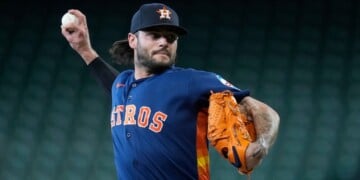 FILE - Lance McCullers Jr. of the Houston Astros throws to live batters before a baseball game against the Cleveland Guardians, June 19, 2026, in Houston. (AP Photo/Kevin M. Cox, File)