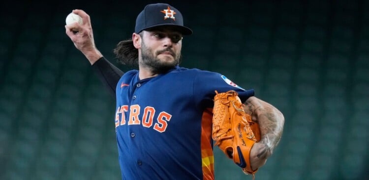 FILE - Lance McCullers Jr. of the Houston Astros throws to live batters before a baseball game against the Cleveland Guardians, June 19, 2026, in Houston. (AP Photo/Kevin M. Cox, File)