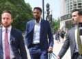 Former NBA player Malik Beasley, center, exits Brooklyn federal court, Wednesday, July 1, 2026, in New York. (AP Photo/Heather Khalifa)