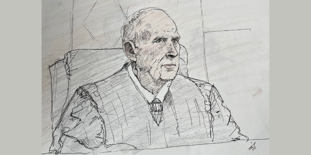 District Judge Lynn Adelman during Hannah Dugan's sentencing on July 8, 2026. Sketch courtesy of Adela Tesnow.