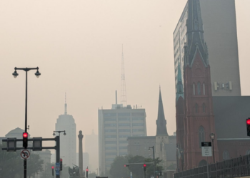 Smoky and hazy conditions in downtown Milwaukee on July 16, 2026.