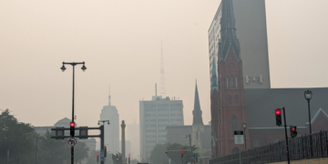 Smoky and hazy conditions in downtown Milwaukee on July 16, 2026.
