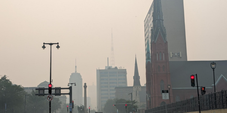 Smoky and hazy conditions in downtown Milwaukee on July 16, 2026.