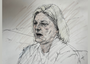 Court sketch of former Milwaukee County judge Hannah Dugan during her sentencing on July 8, 2026. Sketch courtesy of Adela Tesnow.