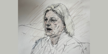Court sketch of former Milwaukee County judge Hannah Dugan during her sentencing on July 8, 2026. Sketch courtesy of Adela Tesnow.