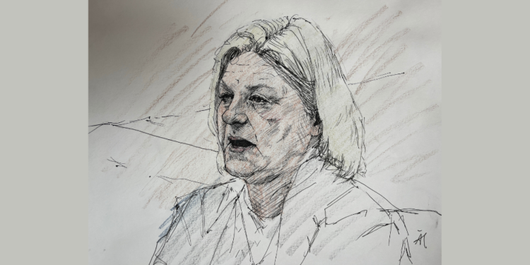 Court sketch of former Milwaukee County judge Hannah Dugan during her sentencing on July 8, 2026. Sketch courtesy of Adela Tesnow.