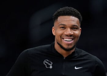 MILWAUKEE, WISCONSIN - APRIL 10: Giannis Antetokounmpo #34 of the Milwaukee Bucks looks on before a game against the Brooklyn Nets at Fiserv Forum on April 10, 2026 in Milwaukee, Wisconsin. NOTE TO USER: User expressly acknowledges and agrees that, by downloading and or using this photograph, User is consenting to the terms and conditions of the Getty Images License Agreement. (Photo by Patrick McDermott/Getty Images)