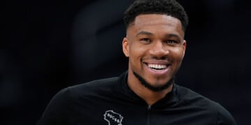 MILWAUKEE, WISCONSIN - APRIL 10: Giannis Antetokounmpo #34 of the Milwaukee Bucks looks on before a game against the Brooklyn Nets at Fiserv Forum on April 10, 2026 in Milwaukee, Wisconsin. NOTE TO USER: User expressly acknowledges and agrees that, by downloading and or using this photograph, User is consenting to the terms and conditions of the Getty Images License Agreement. (Photo by Patrick McDermott/Getty Images)