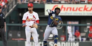 Luis Lara celebrates after collecting his first MLB hit and RBI at Busch Stadium.