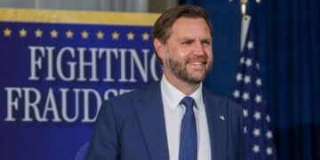 MILWAUKEE, WISCONSIN - JULY 08: U.S. Vice President JD Vance arrives to speak at the 128th Air Refueling Wing Hangar on July 08, 2026 in Milwaukee, Wisconsin. Vance traveled to Milwaukee to deliver remarks on the Trump administration's anti-fraud initiatives. (Photo by Scott Olson/Getty Images)