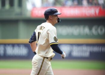 Cooper Pratt smiles while rounding the bases after a home run at American Family Field.