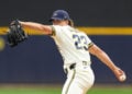Brandon Sproat throws a pitch against the Mets at American Family Field.