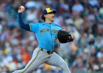 Brandon Sproat throws a pitch at Oracle Park.