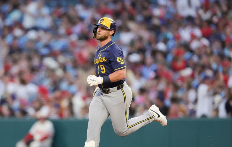 Jake Bauers rounds the bases at Angel Stadium.