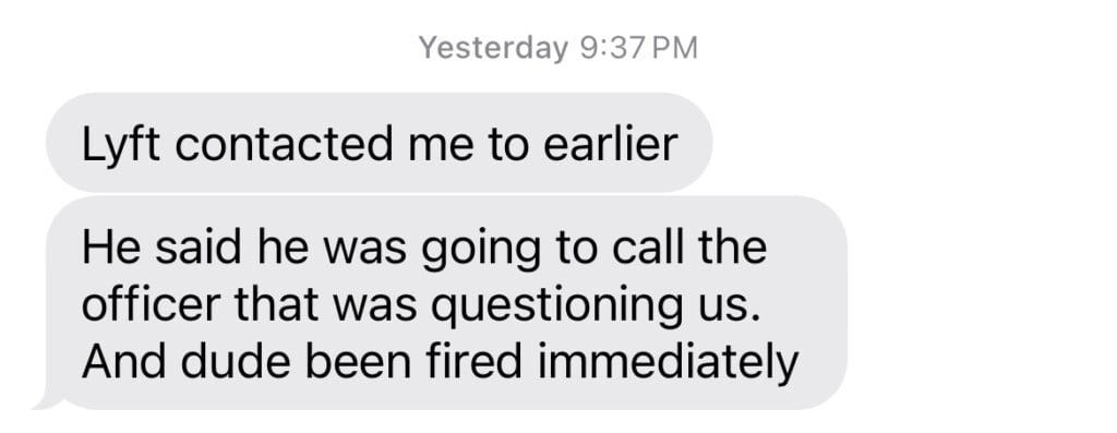 Text message from Eric Grant to WTMJ's Tory Lowe re: Lyft driver being fired. 
