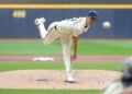 Milwaukee Brewers' Jacob Misiorowski pitches during the second inning of a baseball game against the New York Mets, Monday, July 20, 2026, in Milwaukee. (AP Photo/Aaron Gash)