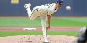 Milwaukee Brewers' Jacob Misiorowski pitches during the second inning of a baseball game against the New York Mets, Monday, July 20, 2026, in Milwaukee. (AP Photo/Aaron Gash)