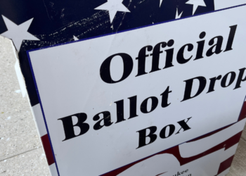 City of Milwaukee absentee ballot box at the Central Library, located on the 8th St. sidewalk to the left of the Centennial Hall doors. Photo courtesy: Elizabeth Lintonen.