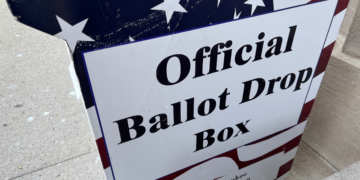 City of Milwaukee absentee ballot box at the Central Library, located on the 8th St. sidewalk to the left of the Centennial Hall doors. Photo courtesy: Elizabeth Lintonen.