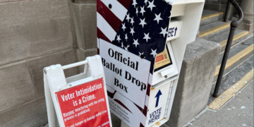 City of Milwaukee absentee ballot box at the Central Library, located on the 8th St. sidewalk to the left of the Centennial Hall doors. Photo courtesy: Elizabeth Lintonen.