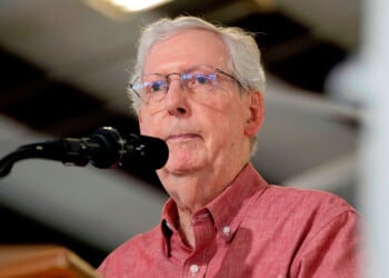 FILE - Sen. Mitch McConnell, R-Ky., speaks at an event, Aug. 2, 2025, in Fancy Farm, Ky. (AP Photo/Mark Humphrey, File)