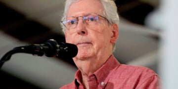 FILE - Sen. Mitch McConnell, R-Ky., speaks at an event, Aug. 2, 2025, in Fancy Farm, Ky. (AP Photo/Mark Humphrey, File)