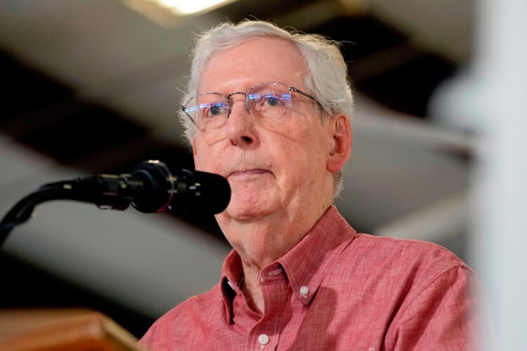 FILE - Sen. Mitch McConnell, R-Ky., speaks at an event, Aug. 2, 2025, in Fancy Farm, Ky. (AP Photo/Mark Humphrey, File)