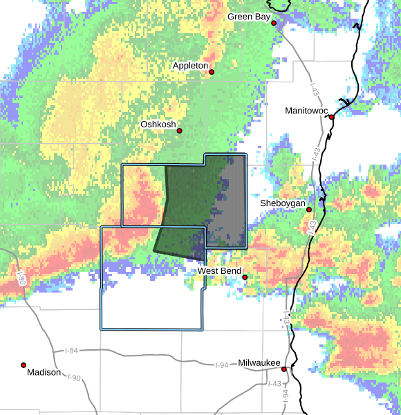 Severe Thunderstorm Warning for Fond du Lac and Dodge Counties extended until 10:0p.m. on July 8, 2026.