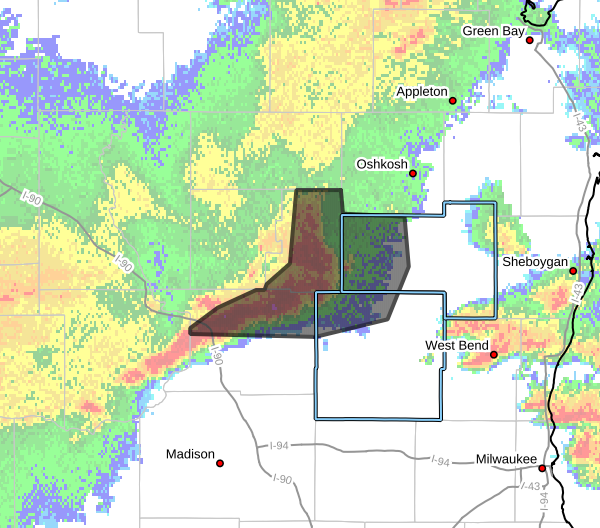 Severe Thunderstorm Warning for Fond du Lac and Dodge Counties until 9:30p.m. on July 8, 2026.