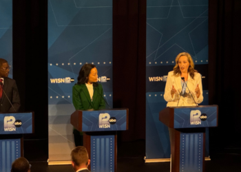 Kelda Roys answers a question during the Wisconsin Democratic Gubernatorial Debate at Marquette University, July 28, 2026 (Photo: Elisabeth Montemurro)