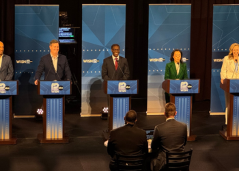 Wisconsin Democratic Gubernatorial candidate debate at Marquette University on July 28. 2026. L-R: Mandela Barnes, Joel Brennan, David Crowley, Francesca Hong, Kelda Roys. (Photo: Elisabeth Montemurro)