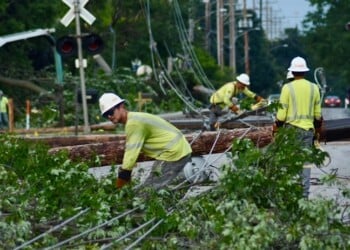 We Energies crews have restored power to more than 122,000 customers after multiple rounds of damaging storms and high winds, including a destructive EF-3 tornado moved across the state Monday. (Photo credit We Energies)