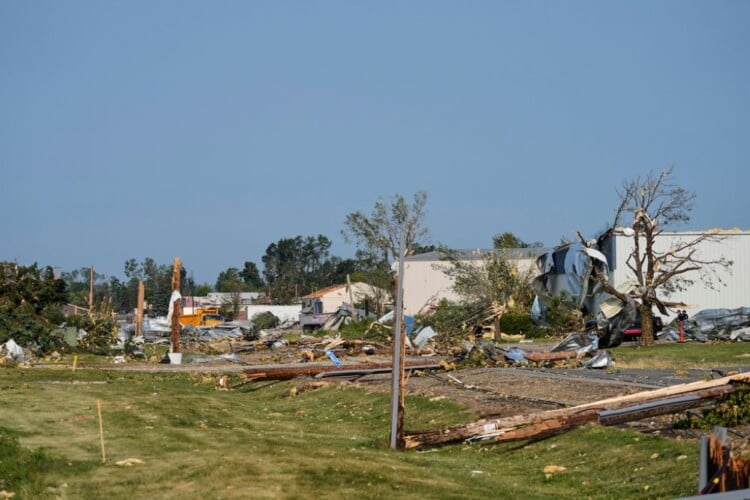 Debris and fallen trees cover the ground after a tornado struck the day before, Tuesday, July 28, 2026, in Appleton, Wis. (AP Photo/Kayla Wolf)