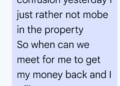Text message received as part of the rental scam involving Yasmin Hameed.
