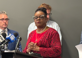 US Congresswoman Gwen Moore addresses reporters during a press conference condemning recent Immigrations and Customs Enforcement arrests in Milwaukee. July 9, 2026. Image Credit: Adam Roberts