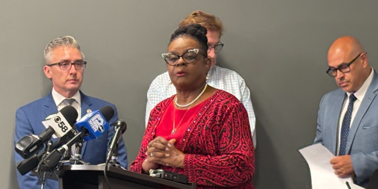 US Congresswoman Gwen Moore addresses reporters during a press conference condemning recent Immigrations and Customs Enforcement arrests in Milwaukee. July 9, 2026. Image Credit: Adam Roberts