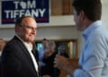 Republican gubernatorial candidate Tom Tiffany, left, shakes hands with Bryan Steil, the U.S. Representative for Wisconsin's 1st congressional district during a campaign event, Wednesday, July 29, 2026, in Kenosha, WI. (AP Photo/Nam Y. Huh)