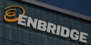 Logo of Enbridge Inc. a multinational pipeline company headquartered in Calgary, Alberta. On Sunday, May 15, 2022, in Edmonton, Alberta, Canada. (Photo by Artur Widak/NurPhoto via Getty Images)