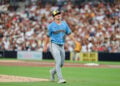 Logan Henderson walks off the mound at Petco Park.