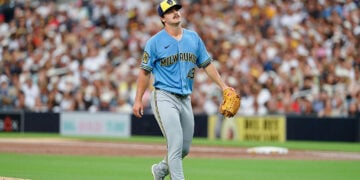 Logan Henderson walks off the mound at Petco Park.