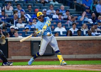 William Contreras swings the bat at Citi Field in Queens, New York.