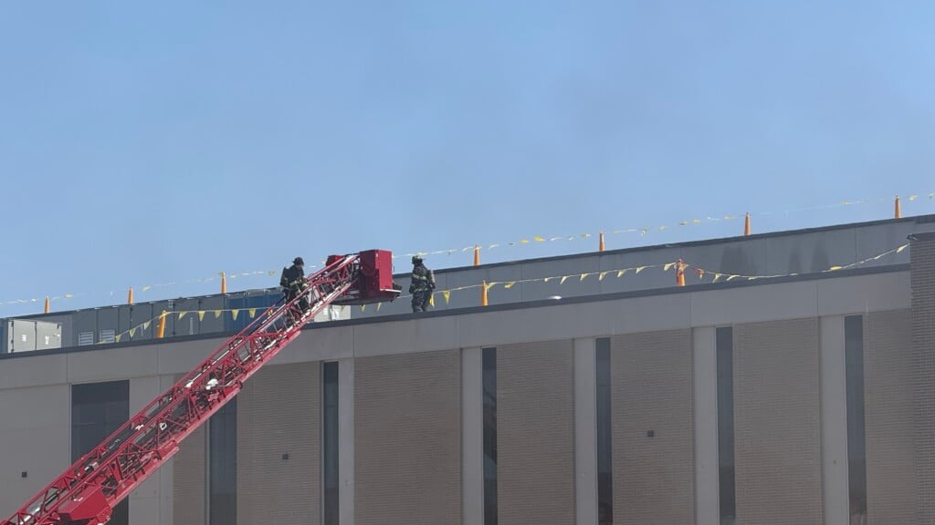 Firefighters on scene at a fire at the new West Allis Public Works building under construction on August 20, 2026. Photo courtesy: Nazir Spencer.