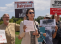 Residents and advocates with Power Wisconsin Forward speak out against a gas plant proposal in the Town of Paris that would be the second-largest natural gas plant in Wisconsin. Image courtesy of Healthy Climate Wisconsin. 