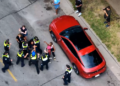 Drone video shows a struggle between Madison officers and the city's independent police monitor. Image courtesy of Madison Police Department