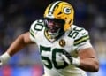 Green Bay Packers offensive tackle Zach Tom looks to block during the second half of an NFL football game against the Detroit Lions in Detroit, Nov. 27, 2025. (AP Photo/David Dermer, File)