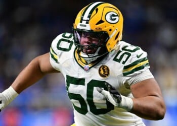 Green Bay Packers offensive tackle Zach Tom looks to block during the second half of an NFL football game against the Detroit Lions in Detroit, Nov. 27, 2025. (AP Photo/David Dermer, File)